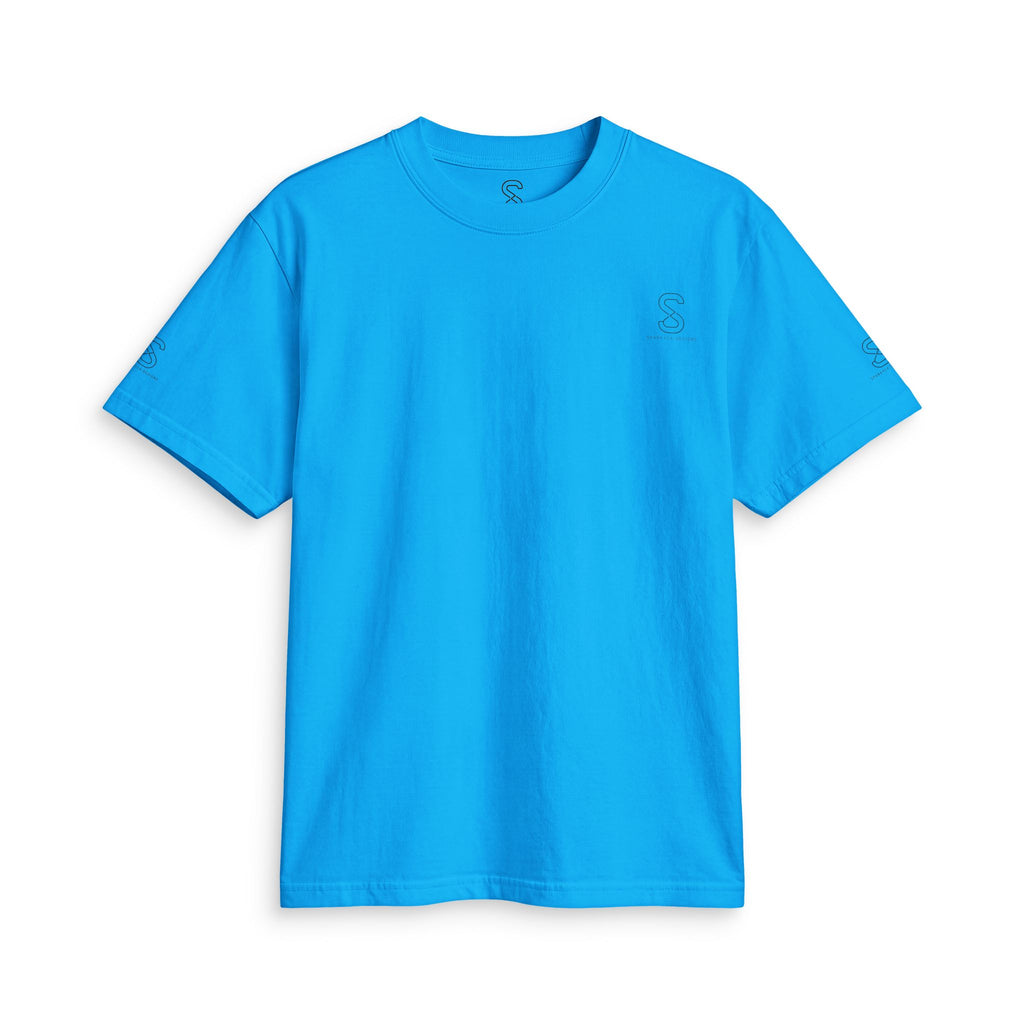 SparkyCA Logo Tee in Cream Blue — front flat lay with chest logo and matching sleeve print