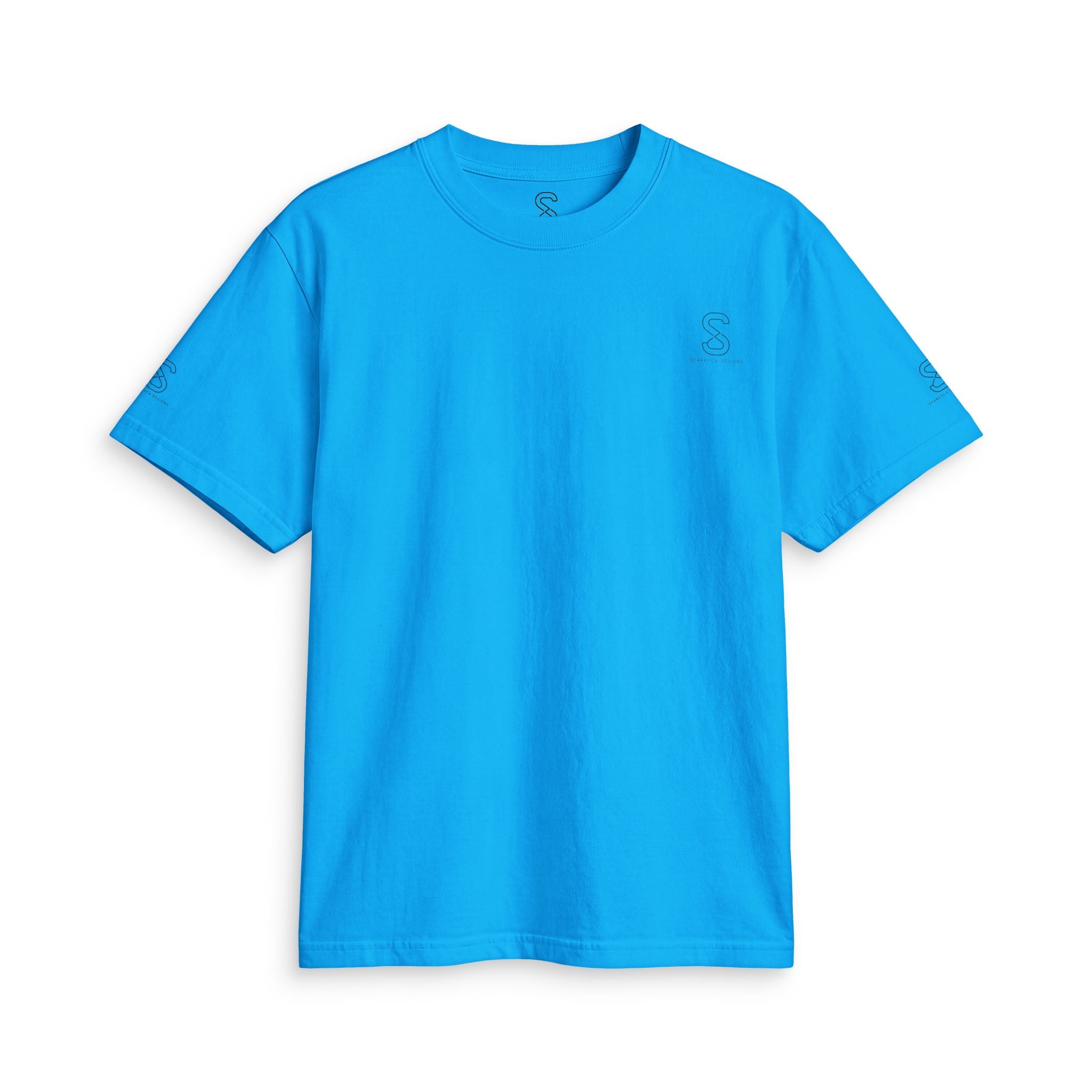 SparkyCA Logo Tee in Cream Blue — front flat lay with chest logo and matching sleeve print