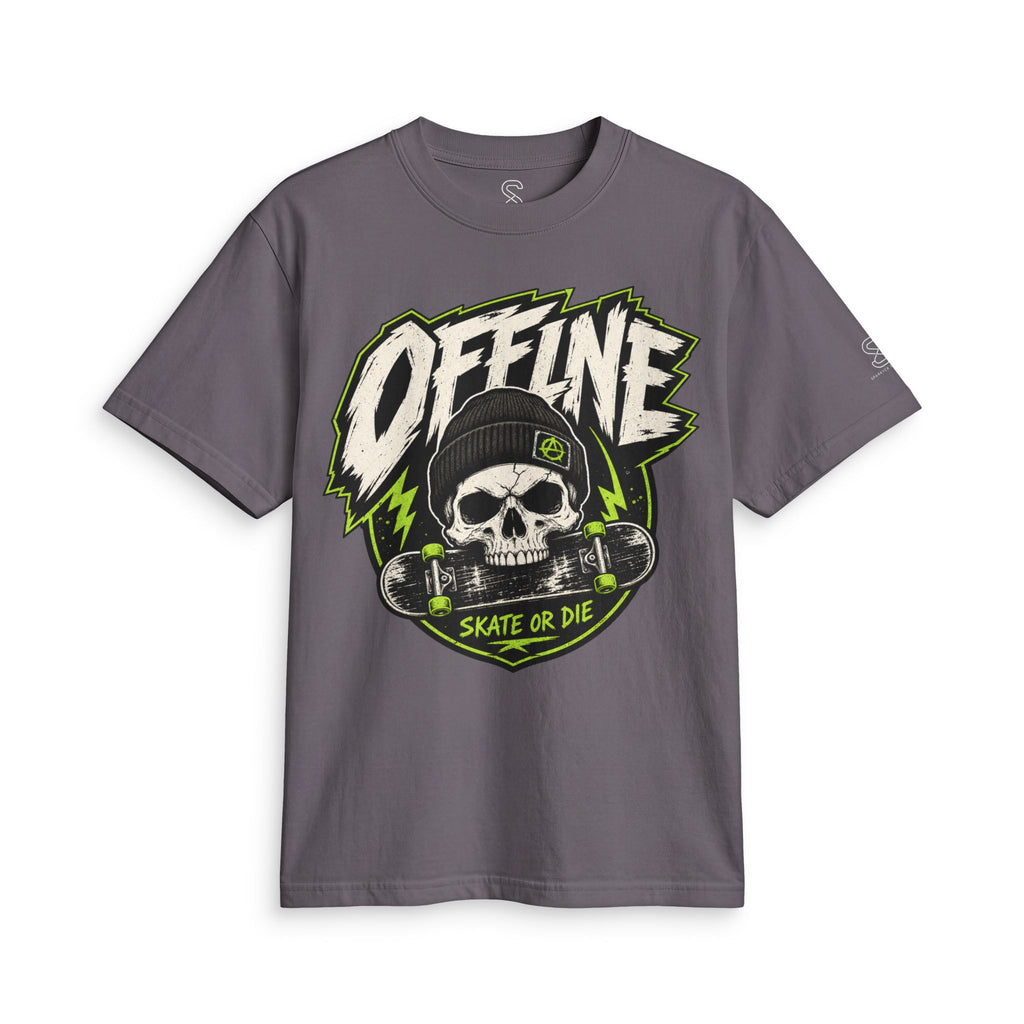 Charcoal grey Offline Skate or Die graphic tee laid flat, showing the front skull-and-skateboard print.