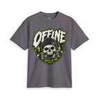 Charcoal grey Offline Skate or Die graphic tee laid flat, showing the front skull-and-skateboard print.