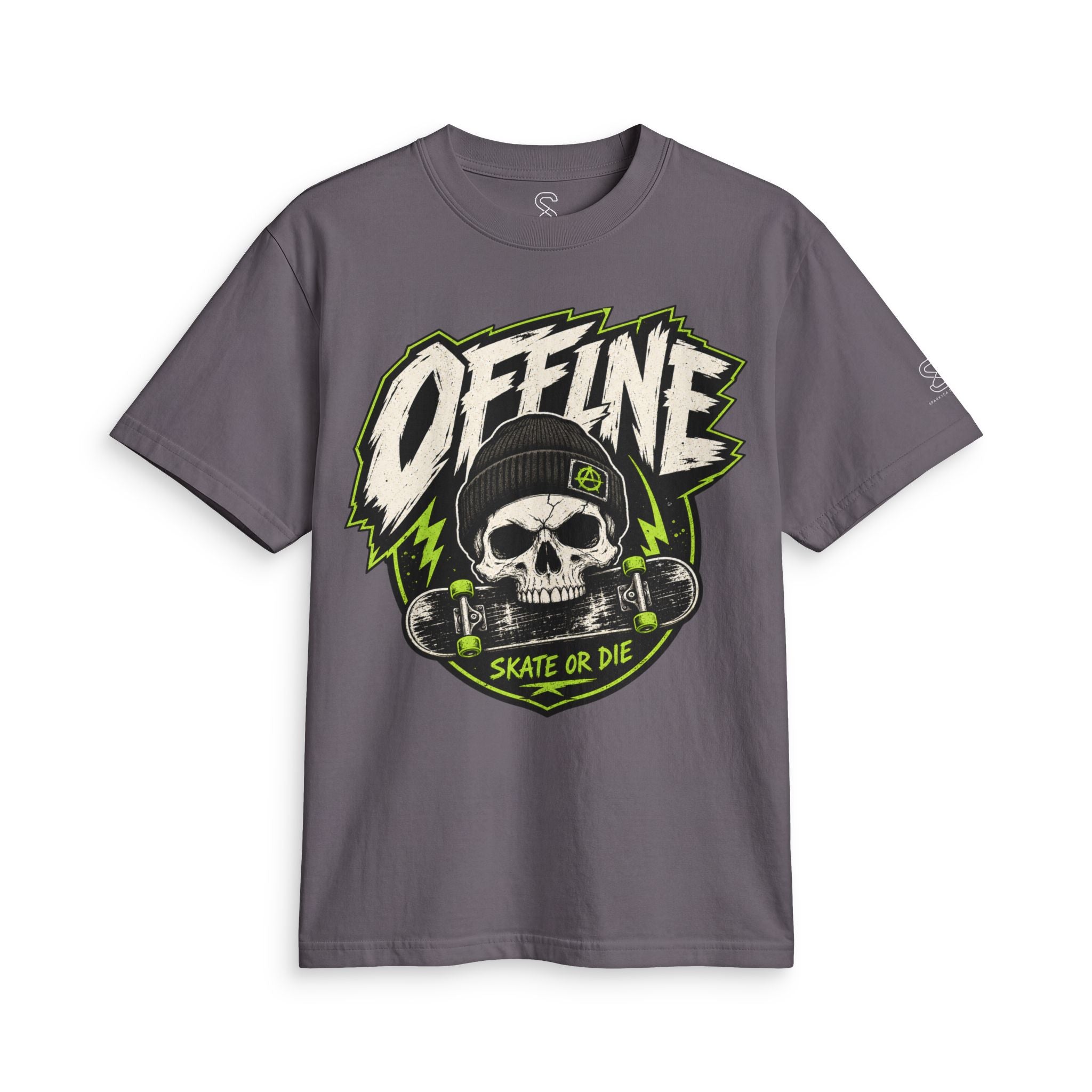 Charcoal grey Offline Skate or Die graphic tee laid flat, showing the front skull-and-skateboard print.