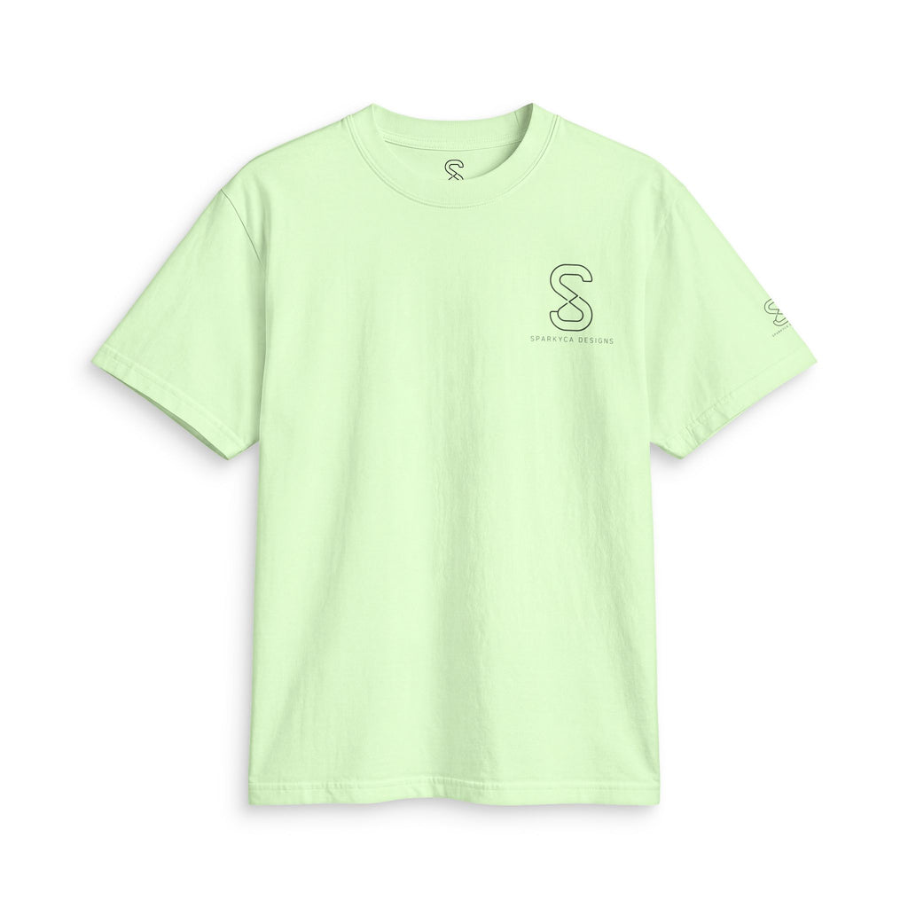 SparkyCA Designs Classic Crewneck Tee in Lime — front flat lay with chest logo