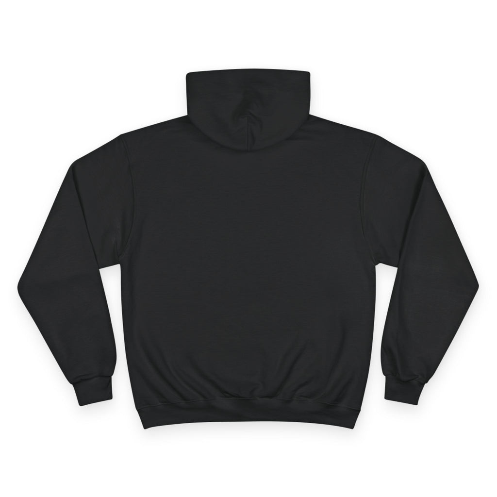 SparkyCA Champion hoodie in black, flat lay back view