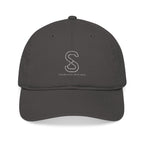 Organic Embroidered Baseball Cap in Charcoal — front view flat lay with embroidered S logo