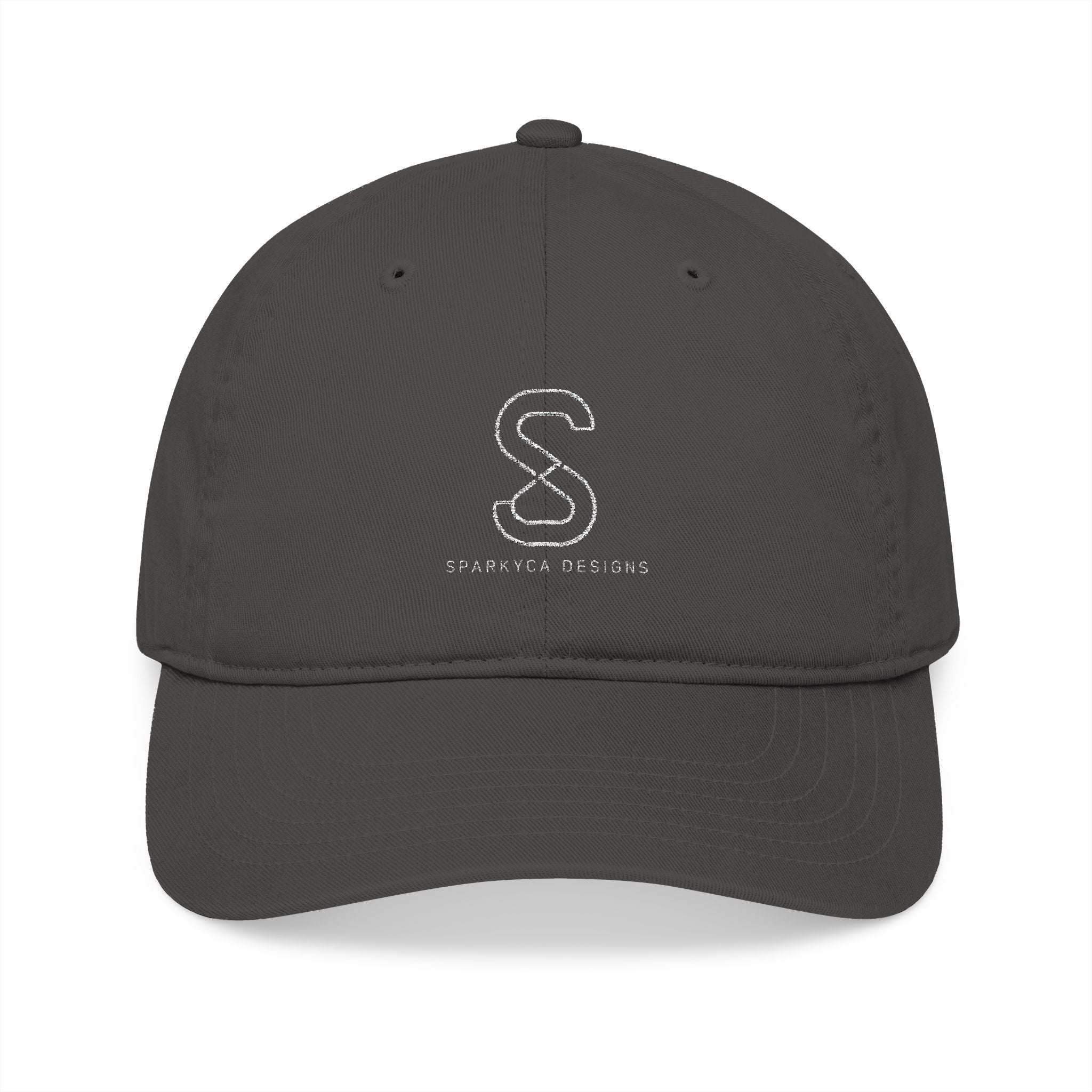 Organic Embroidered Baseball Cap in Charcoal — front view flat lay with embroidered S logo