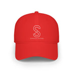 Low-Profile Baseball Cap in Red — front view flat lay with embroidered S logo