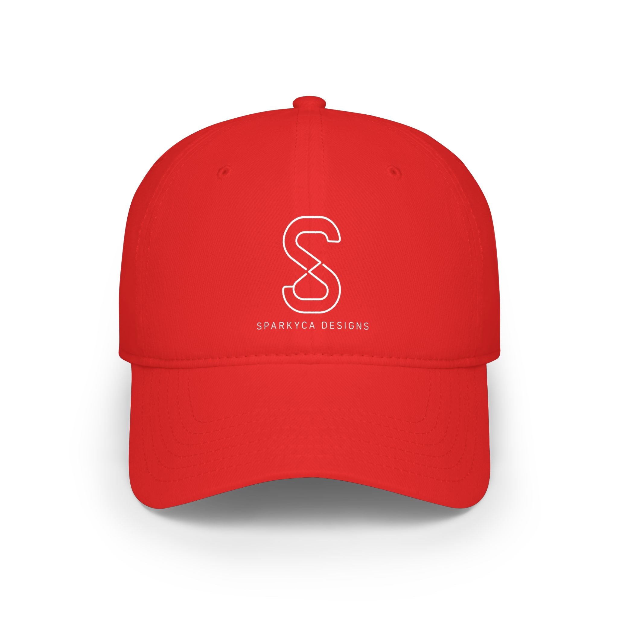 Low-Profile Baseball Cap in Red — front view flat lay with embroidered S logo