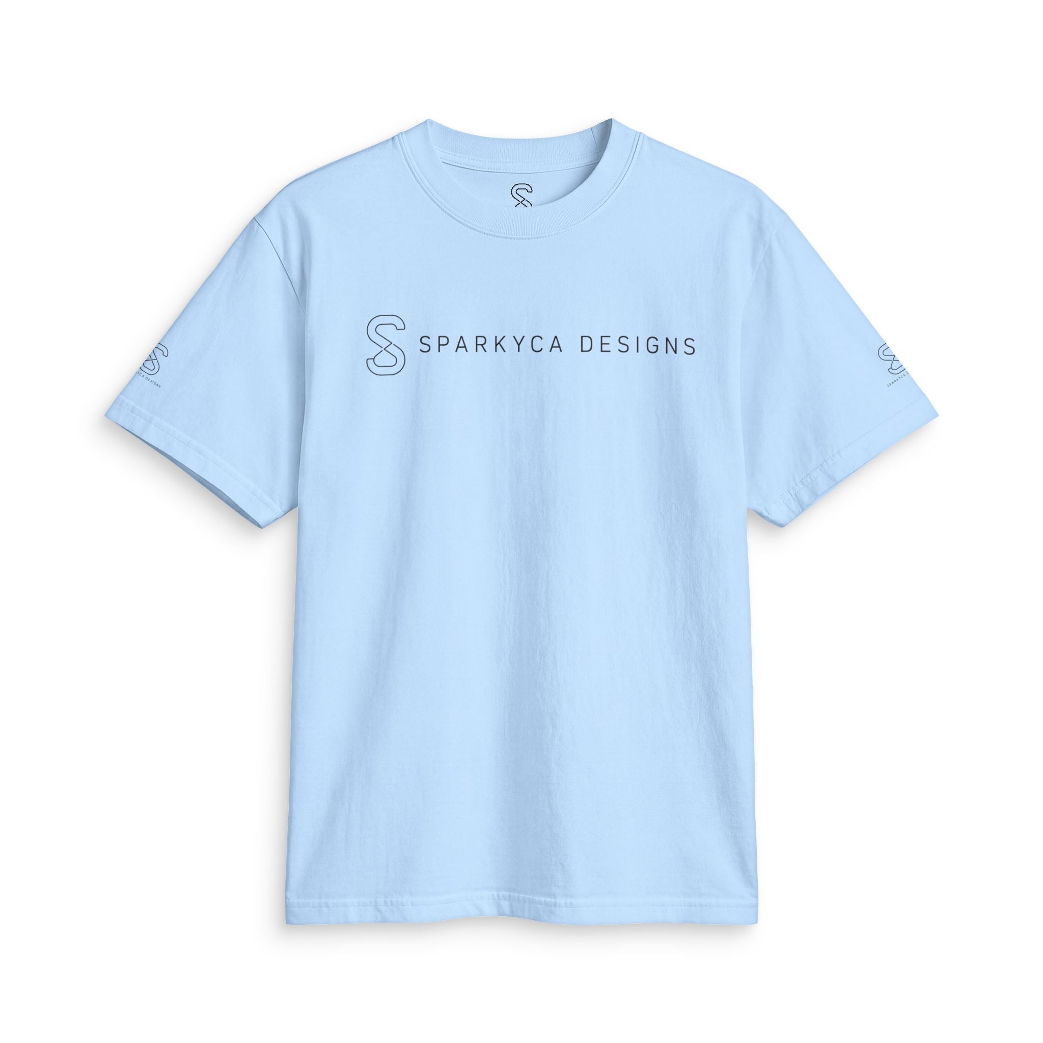 Sky blue SparkyCA t-shirt, flat lay front view