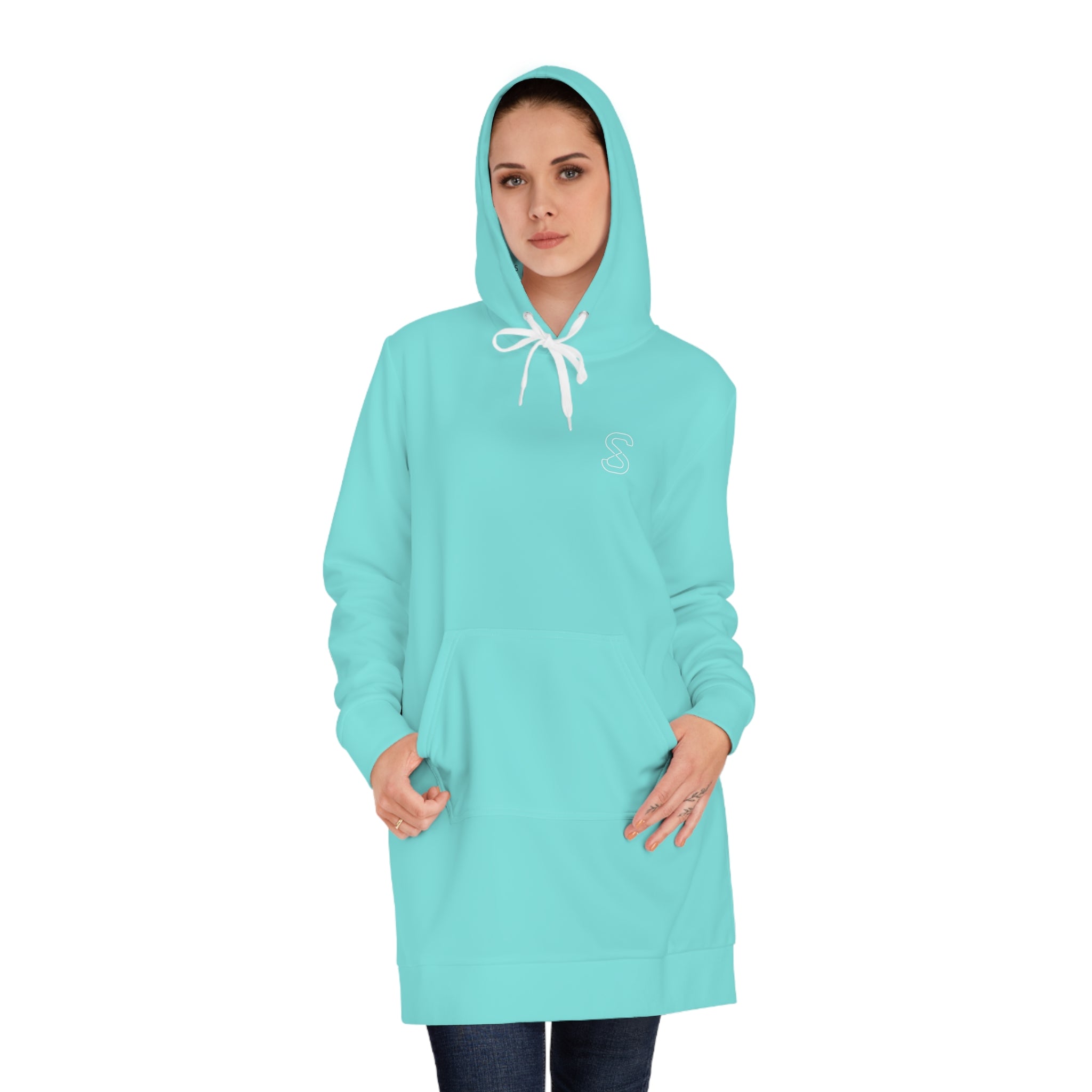 Hoodie Dress — Minimal Monogram Tunic for Women (Aqua)