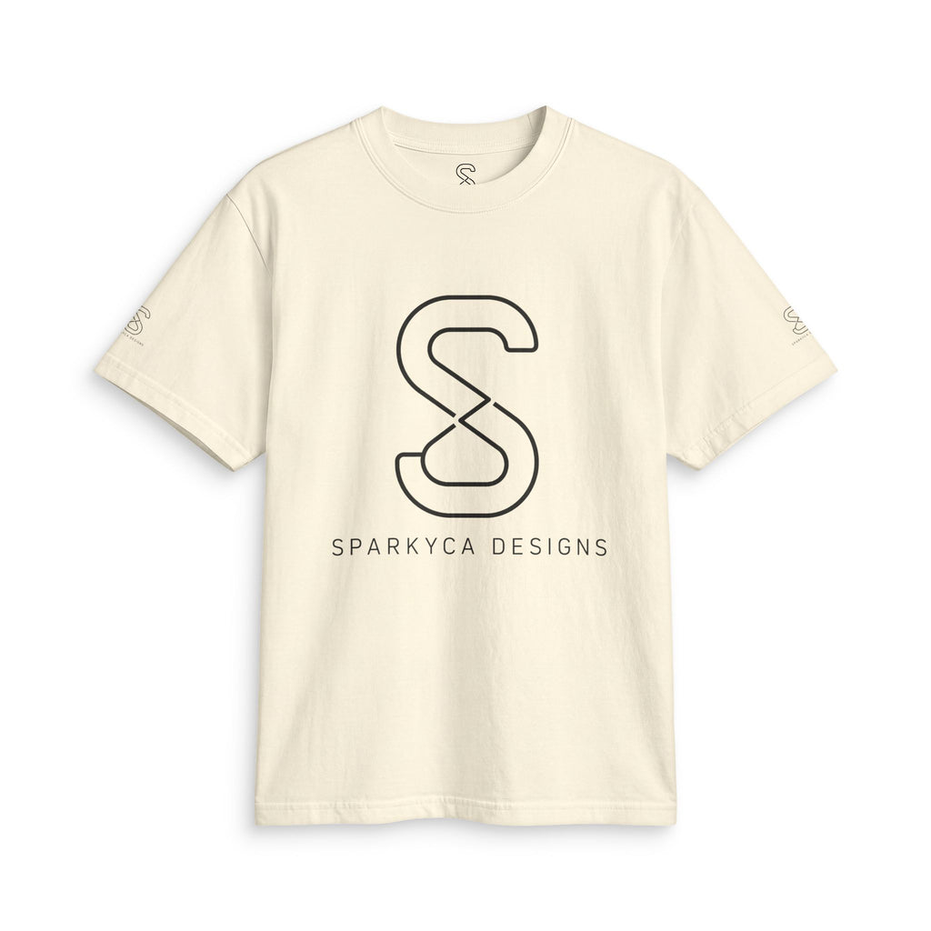 Cream SparkyCA logo tee, front flat lay with black outline S logo and wordmark