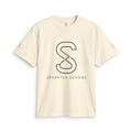 Cream SparkyCA logo tee, front flat lay with black outline S logo and wordmark