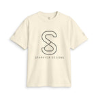 Cream SparkyCA logo tee, front flat lay with black outline S logo and wordmark