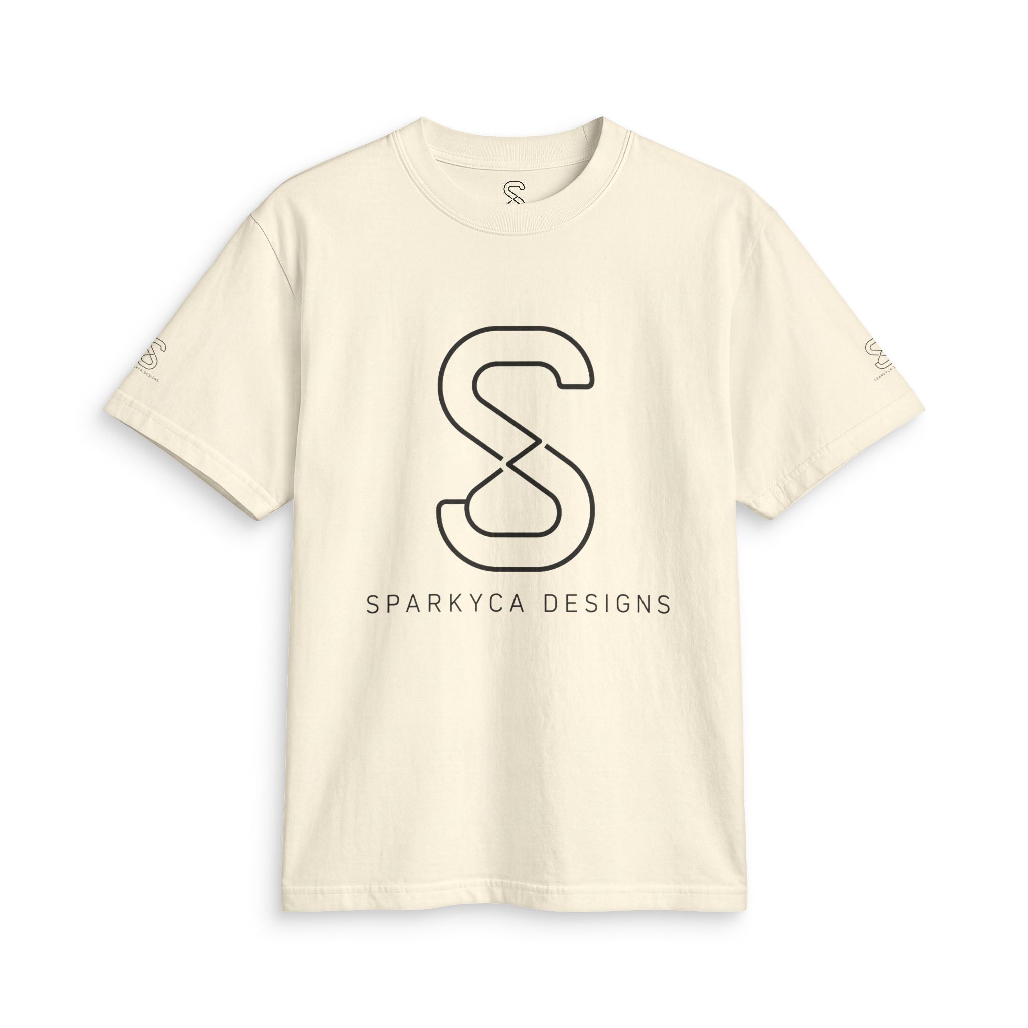 Cream SparkyCA logo tee, front flat lay with black outline S logo and wordmark
