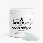 Two ASUVO Focus Powder (Sour Candy) jars with a scoop and pile of powder