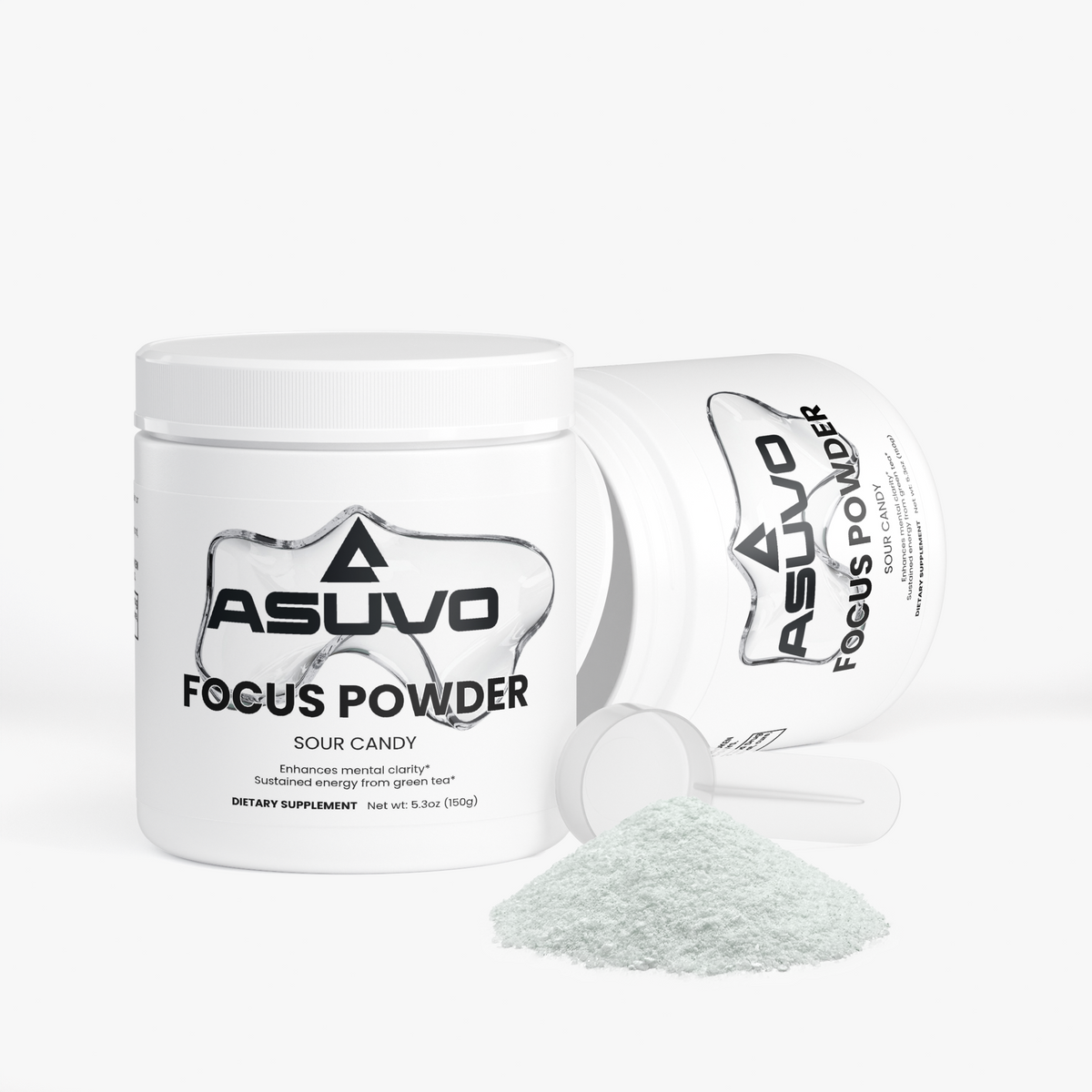 Two ASUVO Focus Powder (Sour Candy) jars, stacked product photo