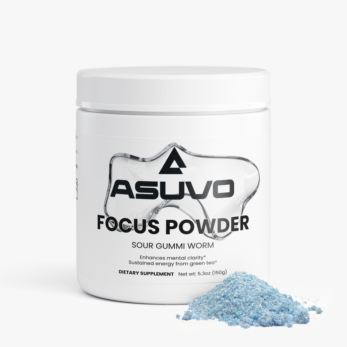 Two ASUVO Focus Powder (Sour Gummi Worm) jars with a scoop and pile of blue powder