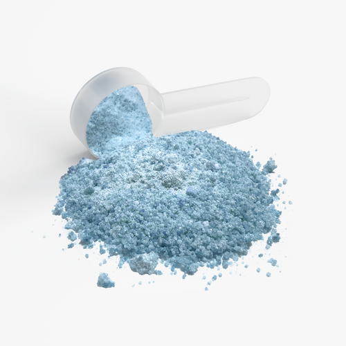 ASUVO Focus Powder (Sour Gummi Worm) jar with a small pile of blue powder beside it
