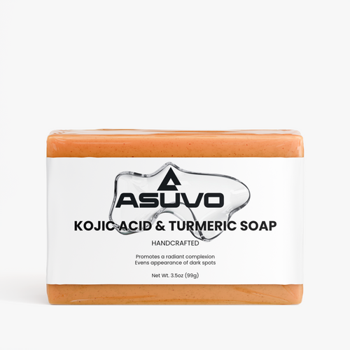 ASUVO Kojic Acid & Turmeric Soap bar, wrapped, front label view