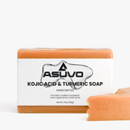 ASUVO Kojic Acid & Turmeric Soap, wrapped bar beside an unwrapped bar showing the orange soap texture