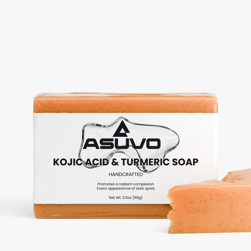 ASUVO Kojic Acid & Turmeric Soap, wrapped bar beside an unwrapped bar showing the orange soap texture