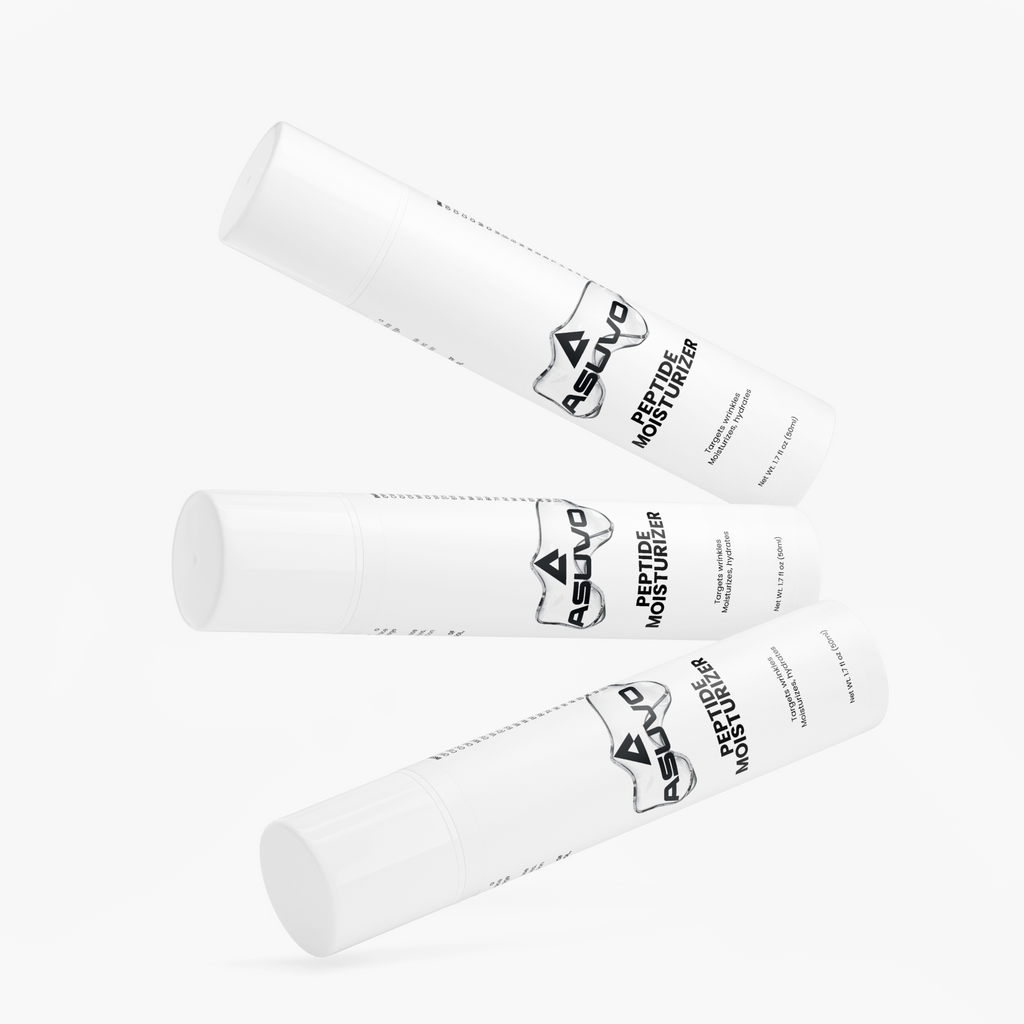 Three ASUVO Peptide Moisturizer bottles arranged at different angles