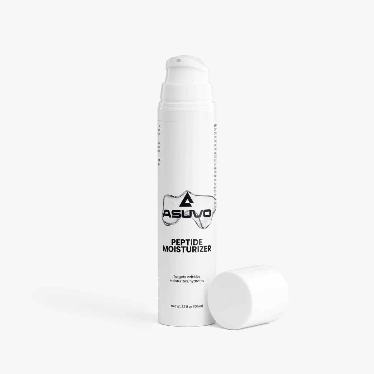 ASUVO Peptide Moisturizer bottle with its cap removed, showing the pump dispenser