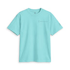 Tiffany blue SparkyCA Designs active tee, flat lay front view