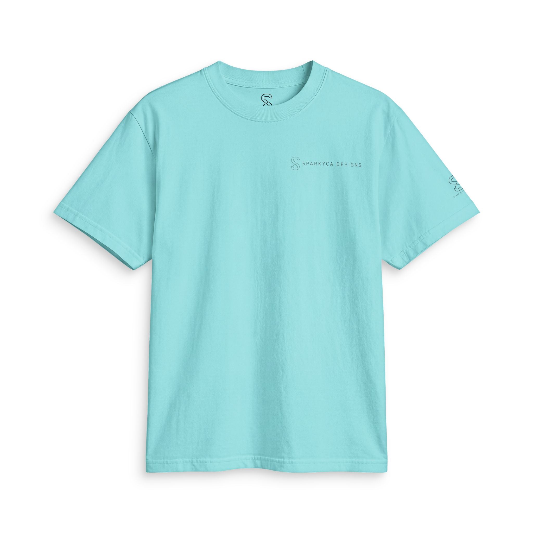 Tiffany blue SparkyCA Designs active tee, flat lay front view