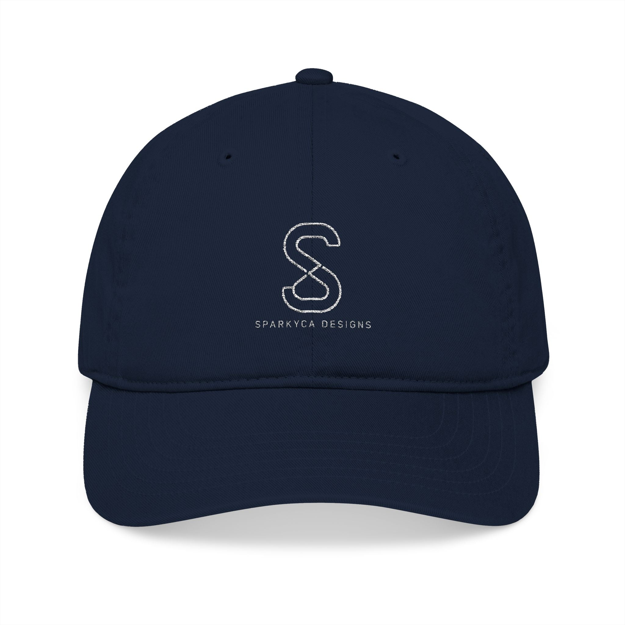 Organic Embroidered Baseball Cap in Pacific navy — front view flat lay with embroidered S logo