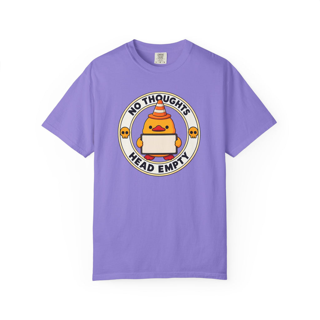 No Thoughts Head Empty Duck Tee in Violet — front flat lay with graphic print