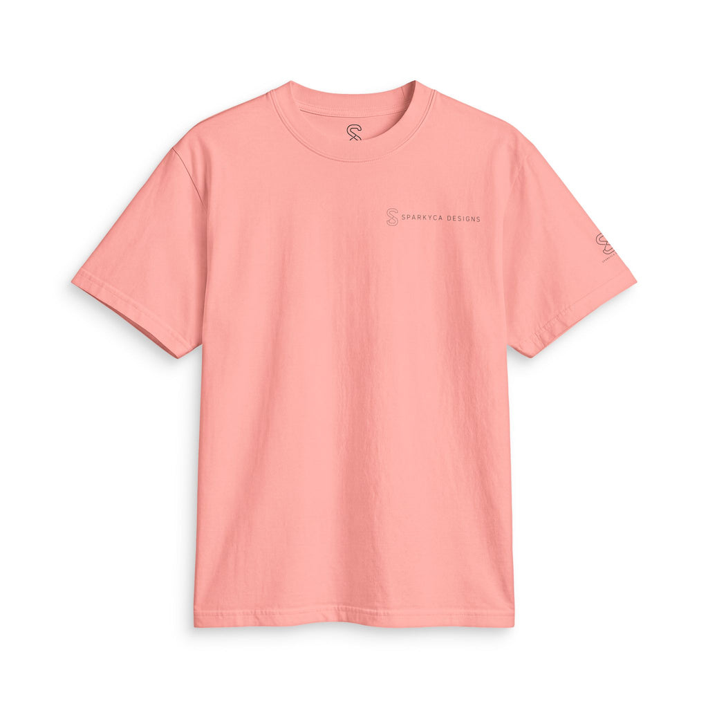 Coral pink SparkyCA Designs active tee, flat lay front view