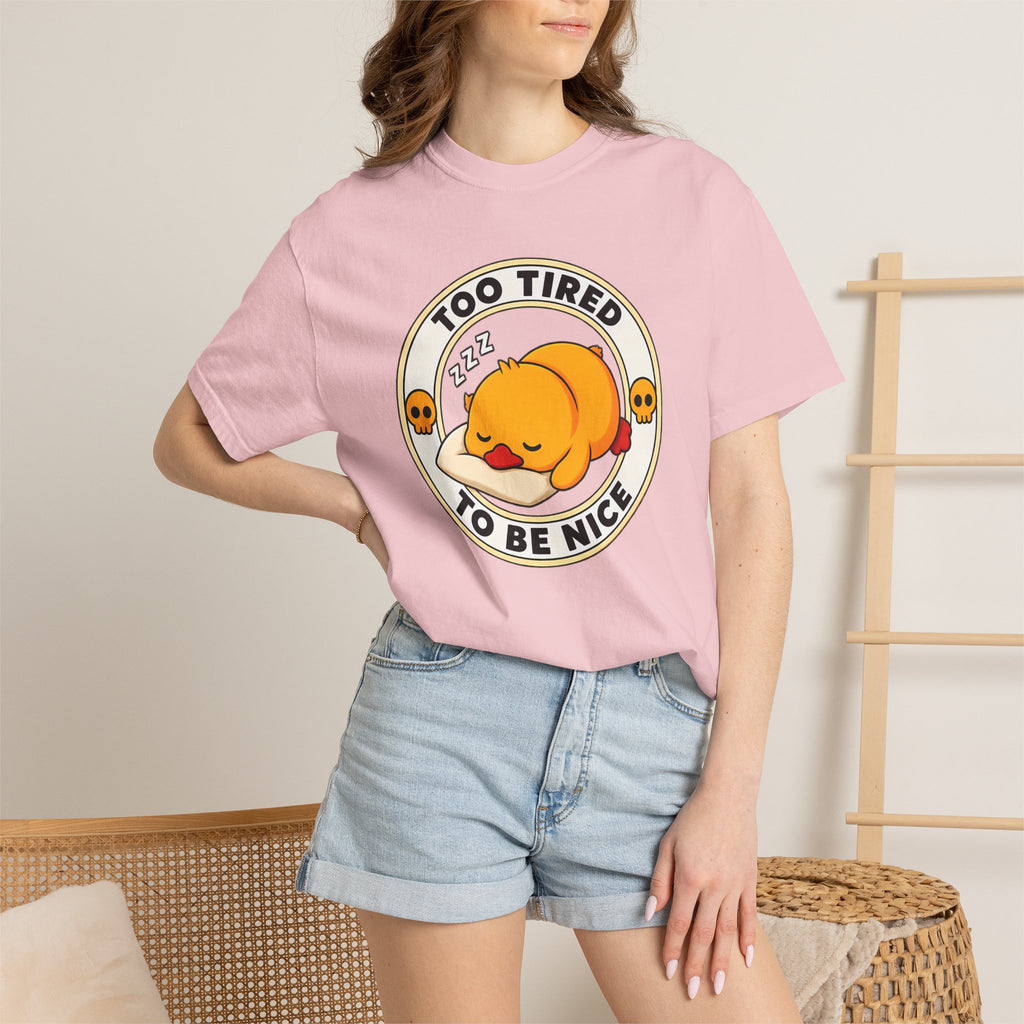 Woman wearing the Too Tired Duck Tee in Blossom, close-up front view