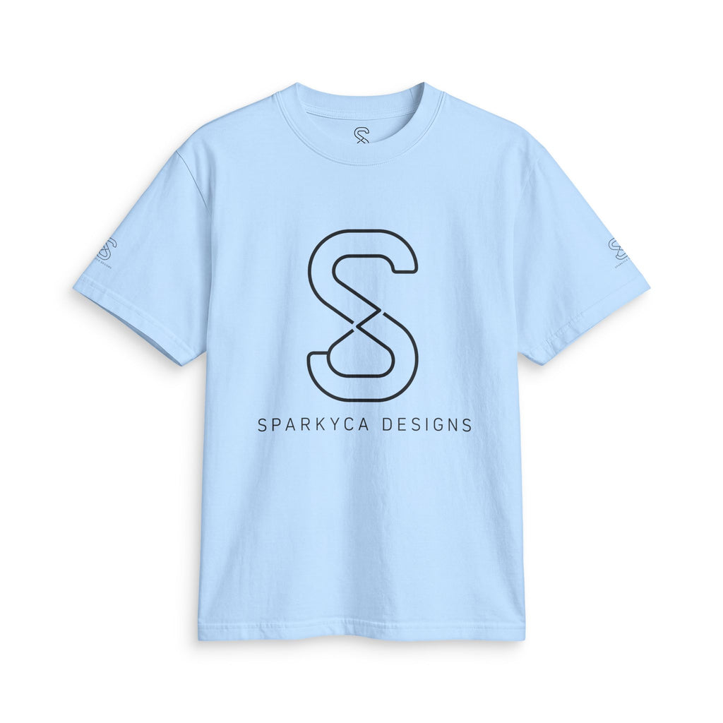 Light blue SparkyCA logo tee, front flat lay with dark outline S logo and wordmark