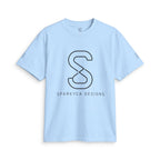 Light blue SparkyCA logo tee, front flat lay with dark outline S logo and wordmark