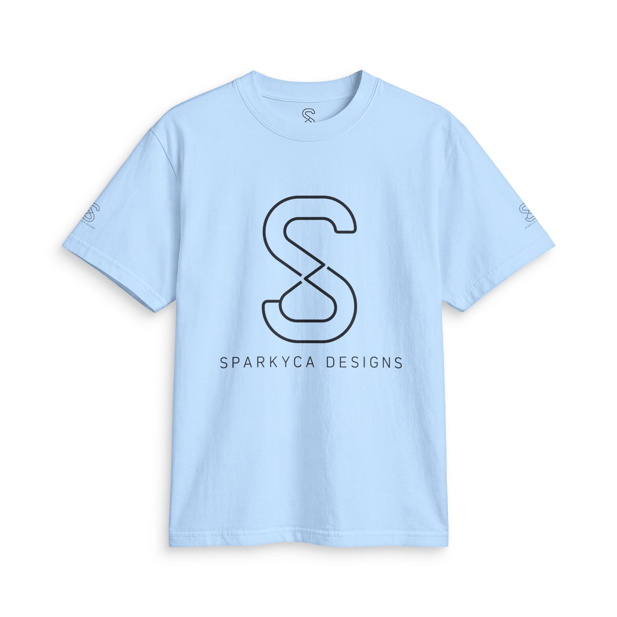 Light blue SparkyCA logo tee, front flat lay with dark outline S logo and wordmark