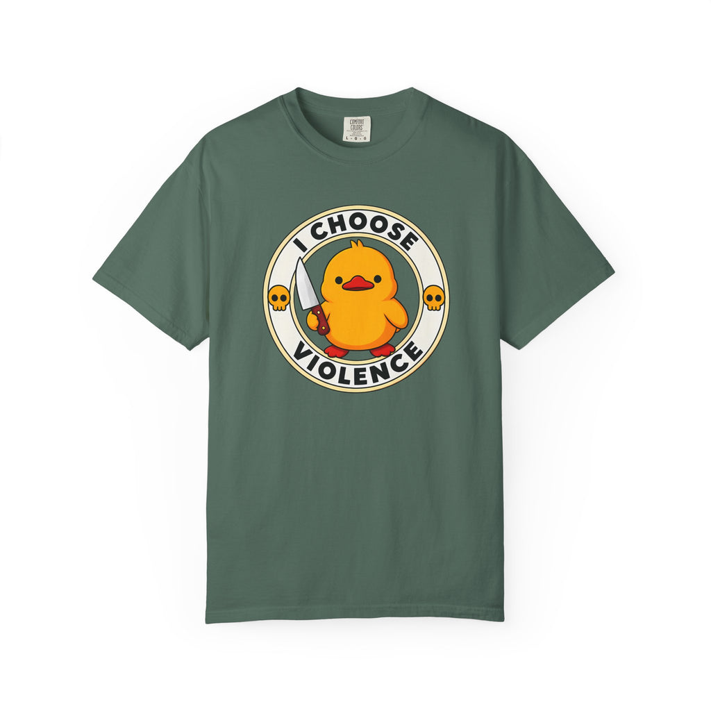 I Choose Violence Duck Tee in Blue Spruce — front flat lay with graphic print