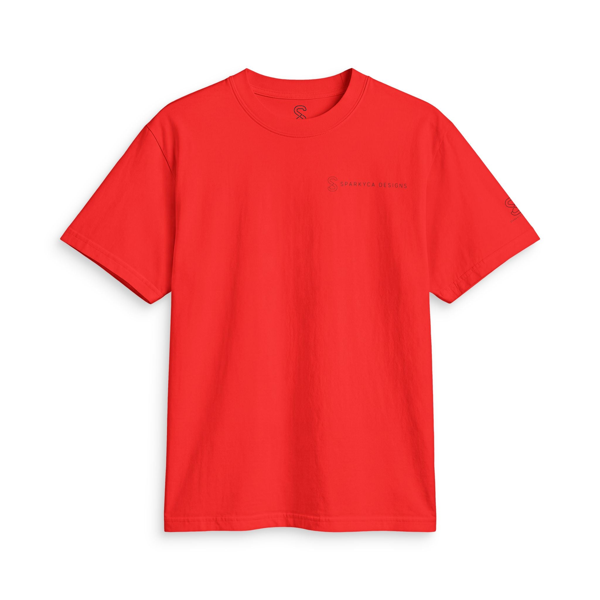 Red SparkyCA Designs active tee, flat lay front view