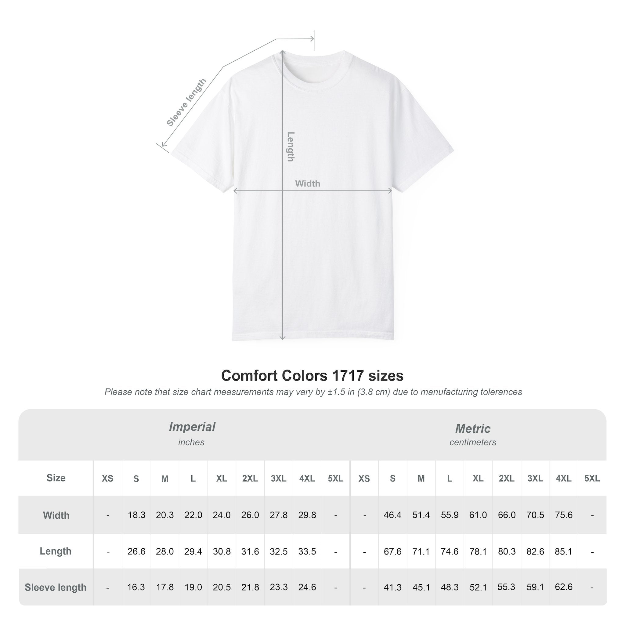 Comfort Colors 1717 size chart for the I Choose Violence Duck Tee