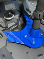 Close-up of the blue mount base with embossed Spark logo, bolted next to the seat mount