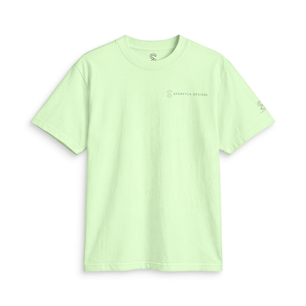 Lime green SparkyCA Designs active tee, flat lay front view