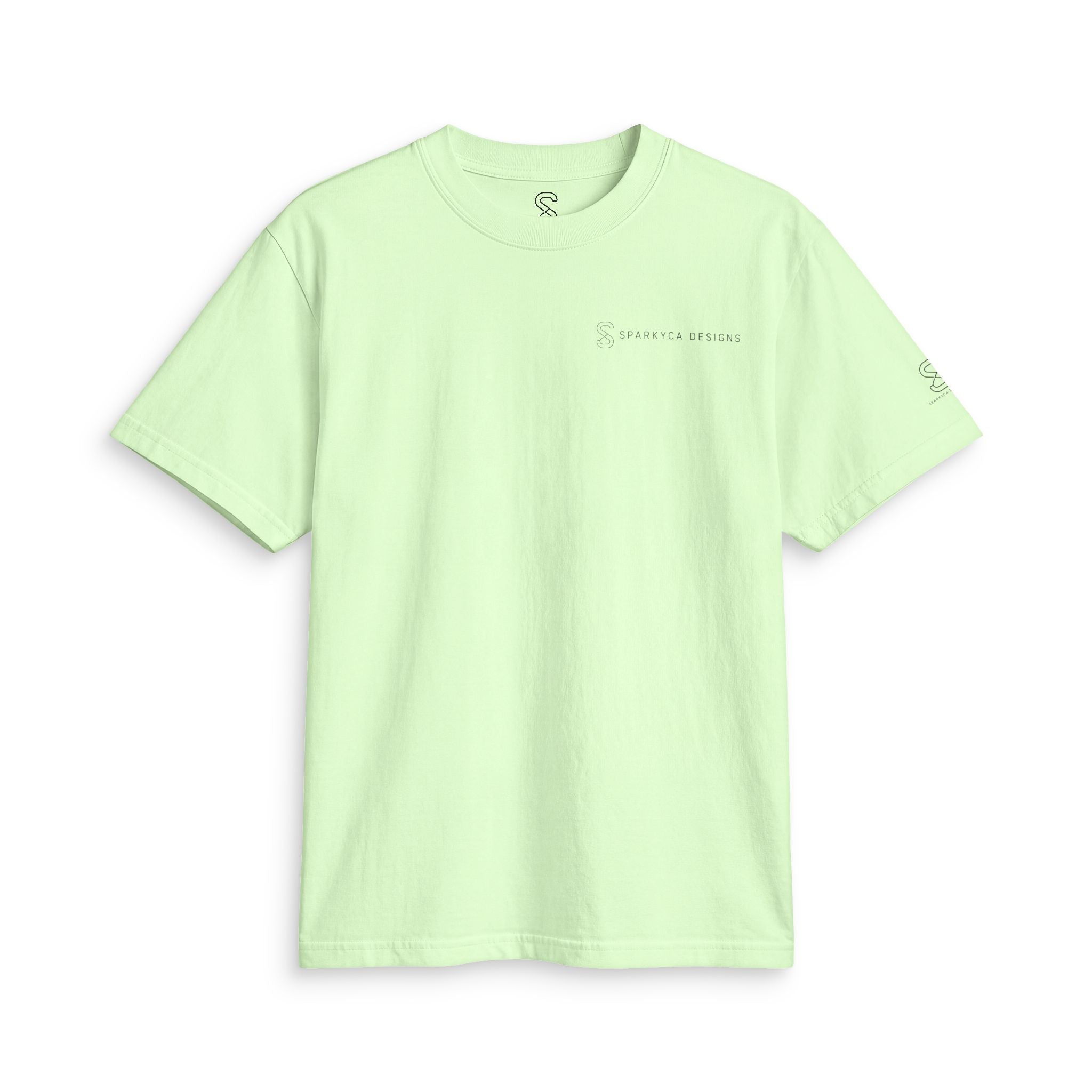 Lime green SparkyCA Designs active tee, flat lay front view