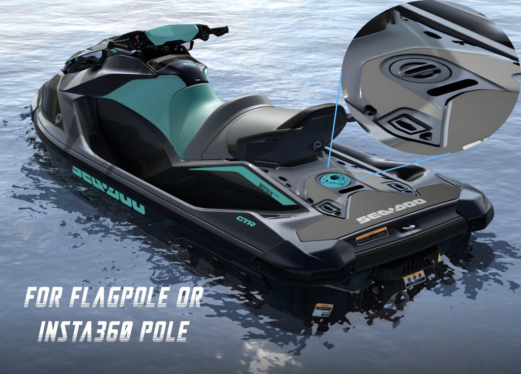 Rendered Sea-Doo jet ski with a callout showing where the Insta360 pole mount installs on the deck