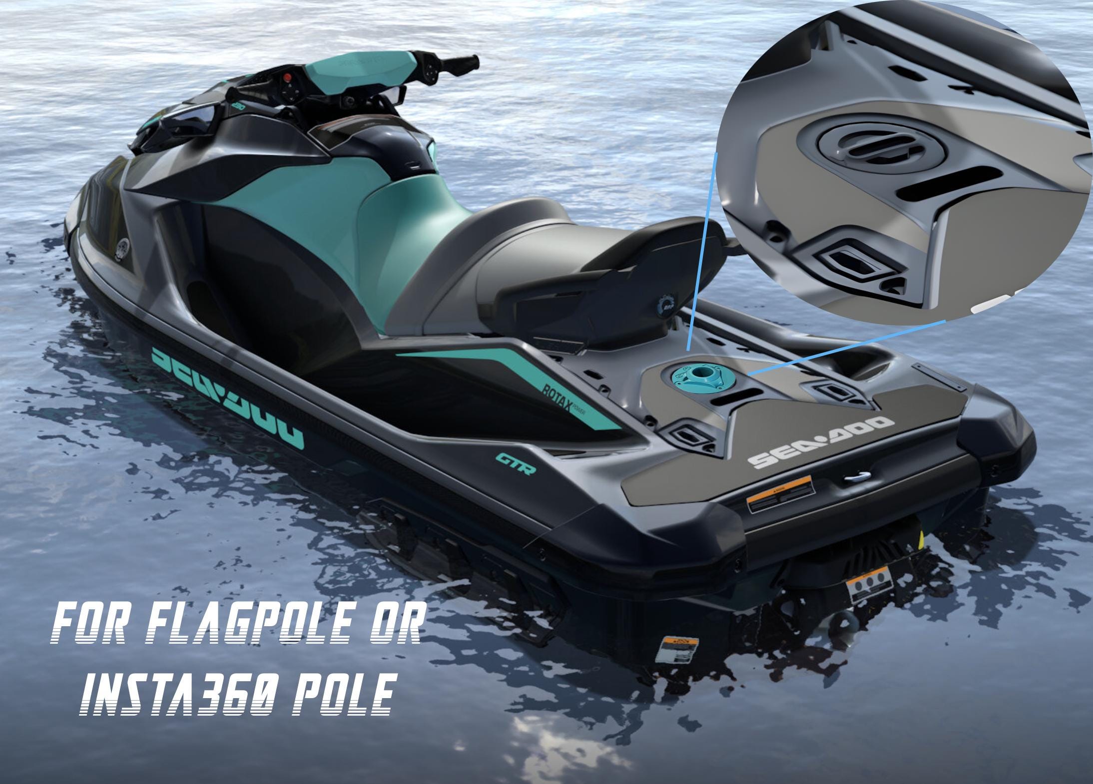 Rendered Sea-Doo jet ski with a callout showing where the Insta360 pole mount installs on the deck