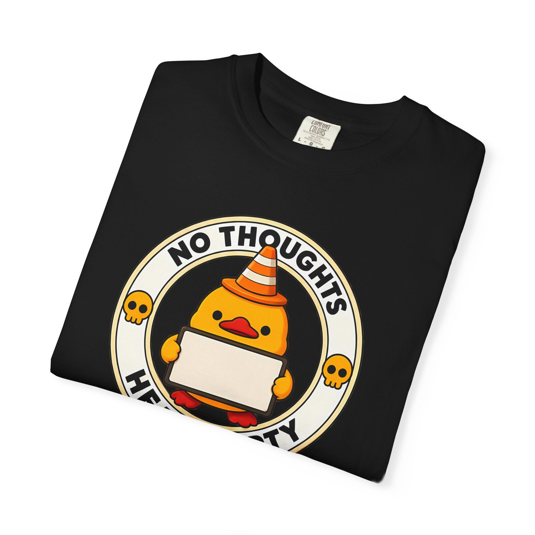 No Thoughts Head Empty Duck Tee in Black — folded close-up of graphic print