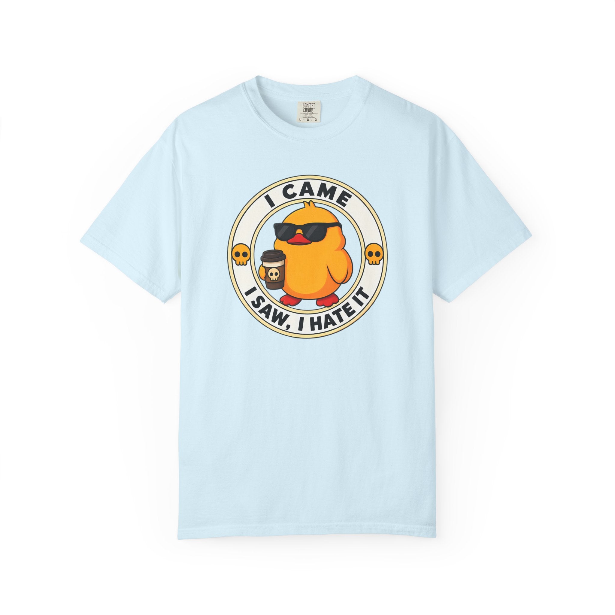 I Came, I Saw, I Hate It Duck Tee in Chambray — front flat lay with graphic print