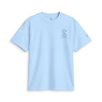 SparkyCA Designs Classic Crewneck Tee in Sky Blue — front flat lay with chest logo