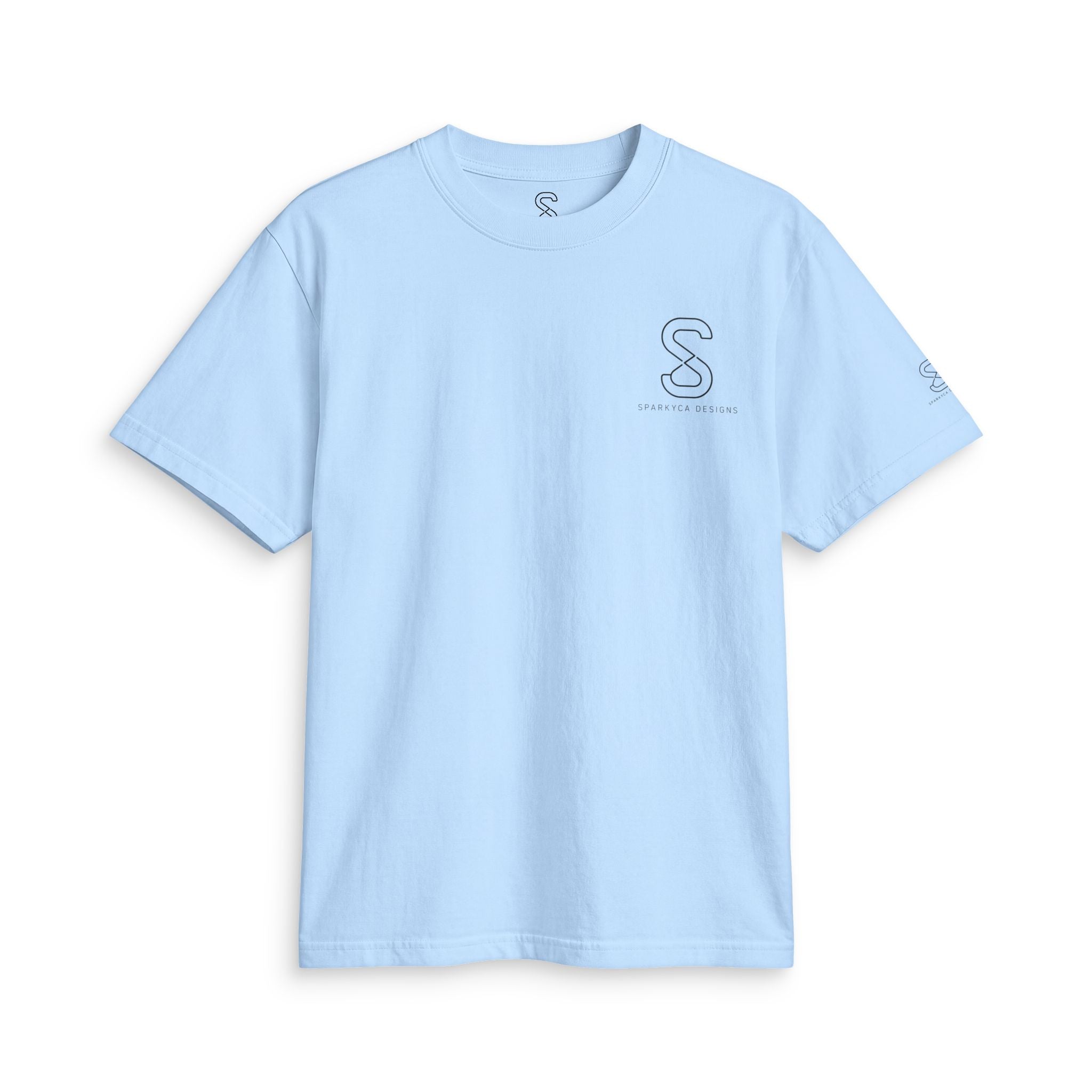 SparkyCA Designs Classic Crewneck Tee in Sky Blue — front flat lay with chest logo