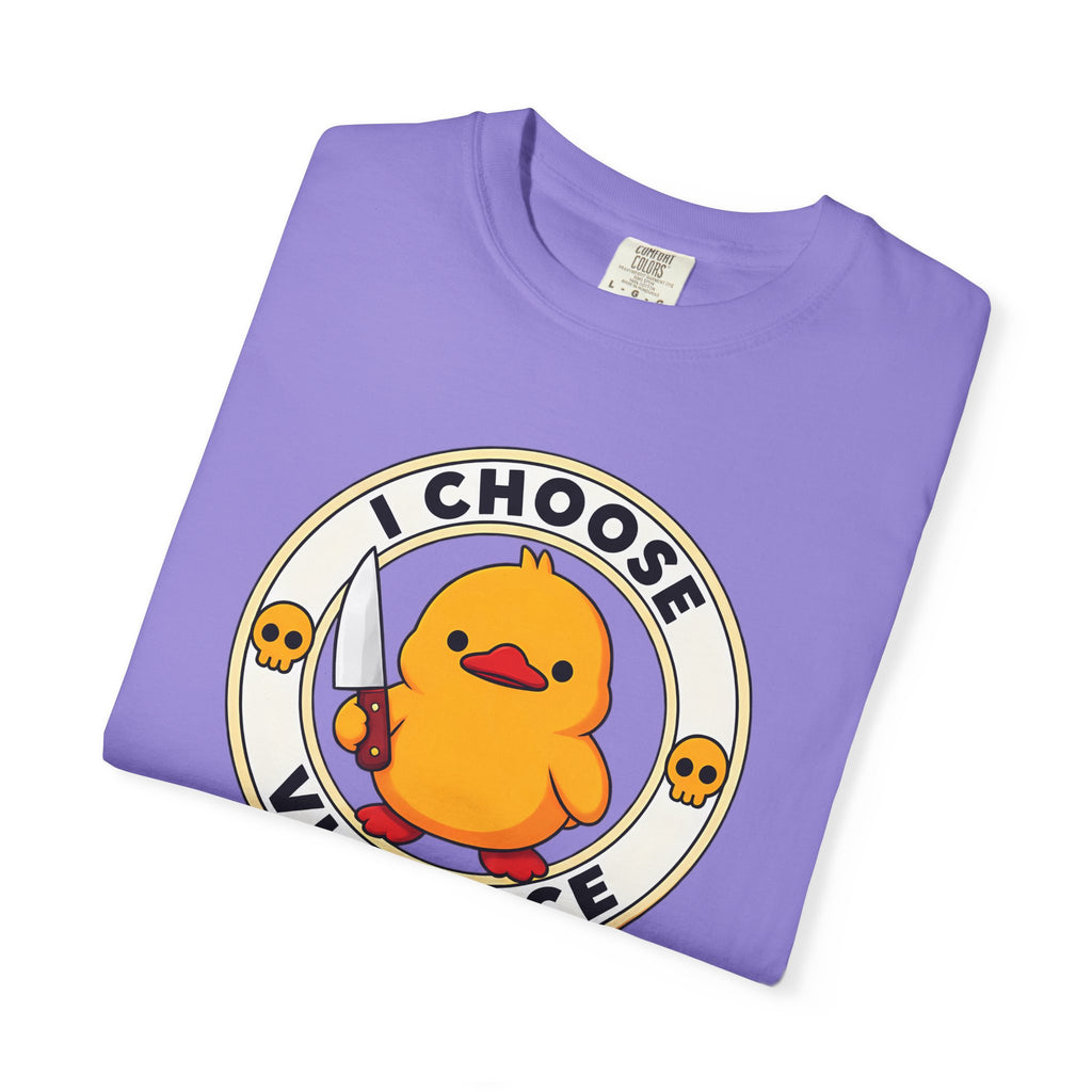 I Choose Violence Duck Tee in Violet — folded flat lay