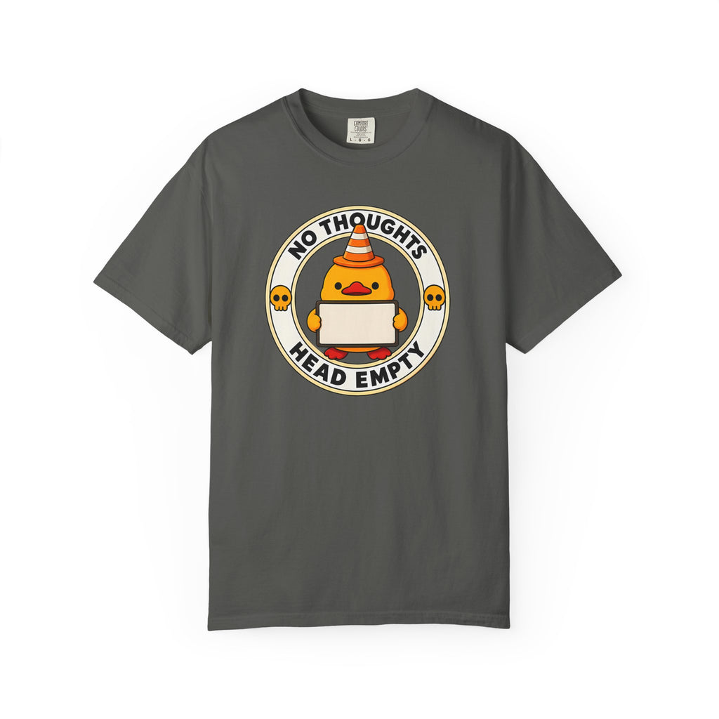No Thoughts Head Empty Duck Tee in Pepper — front flat lay with graphic print
