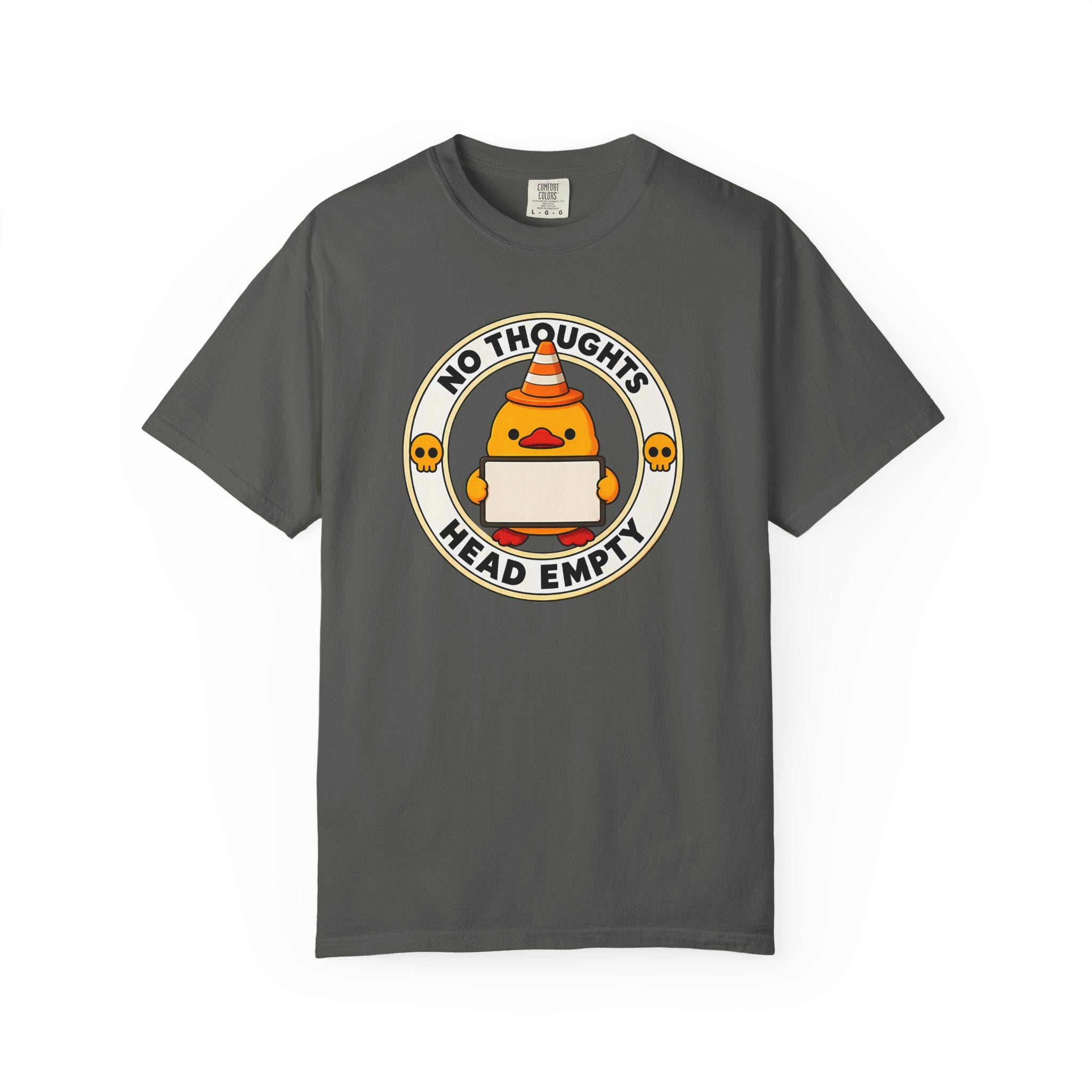 No Thoughts Head Empty Duck Tee in Pepper — front flat lay with graphic print